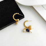 French Asymmetric Twisted Charms Hoop Earrings Nature Stone Pearls