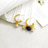 French Asymmetric Twisted Charms Hoop Earrings Nature Stone Pearls