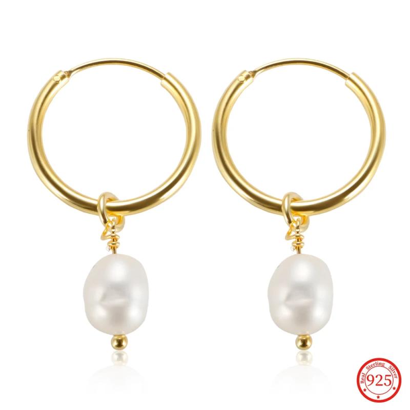 925 Silver Freshwater Pearl Hoop Earrings Women Drop Fine Jewelry