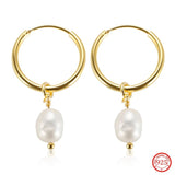 925 Silver Freshwater Pearl Hoop Earrings Women Drop Fine Jewelry