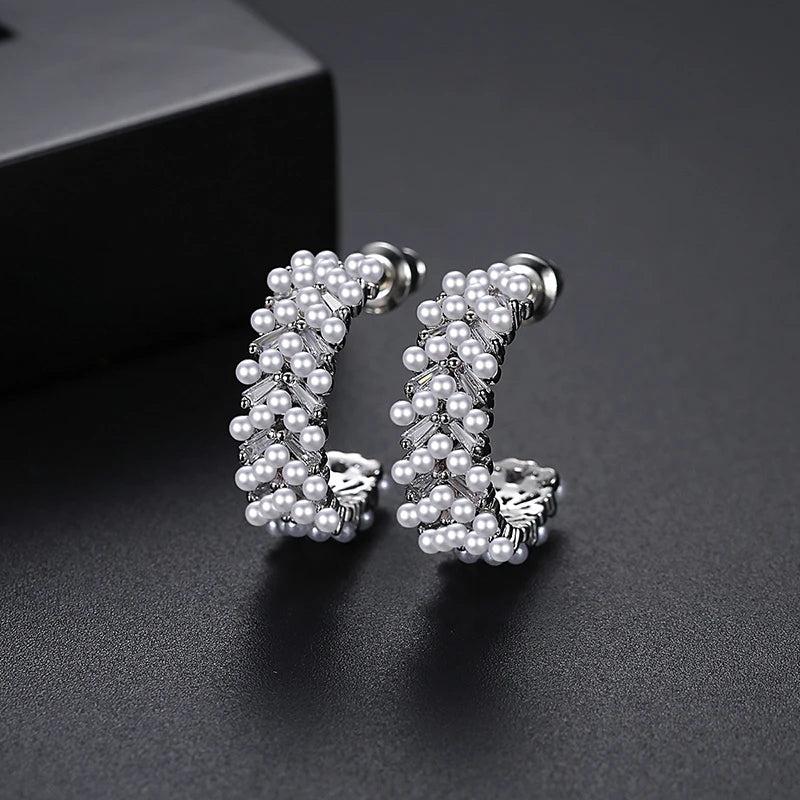 CZ Pearls Earrings High CZ Stone Hoops Graceful Exaggerated Jewelry