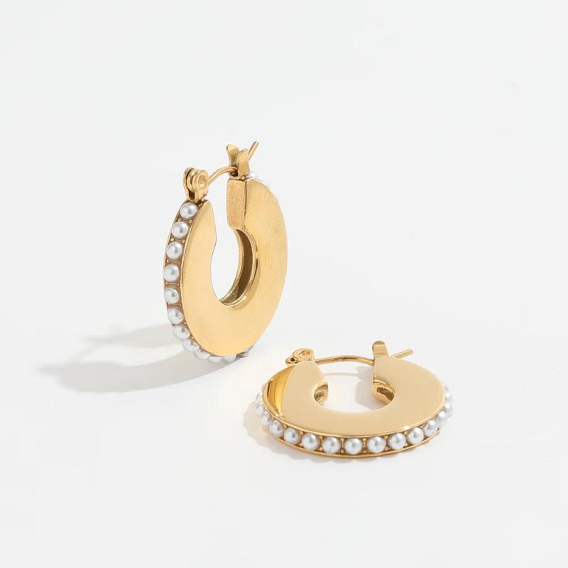 High End PVD Pearl Pave Hoop Stainless Steel Earring
