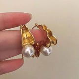 Bilandi Geometric Metal Drop Earrings with Simulated Pearl