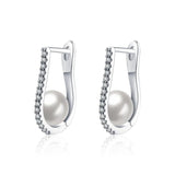 Silver U Shape Earrings with Big Simulated Pearl CZ Hoop