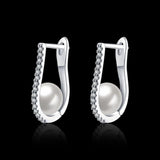 Silver U Shape Earrings with Big Simulated Pearl CZ Hoop