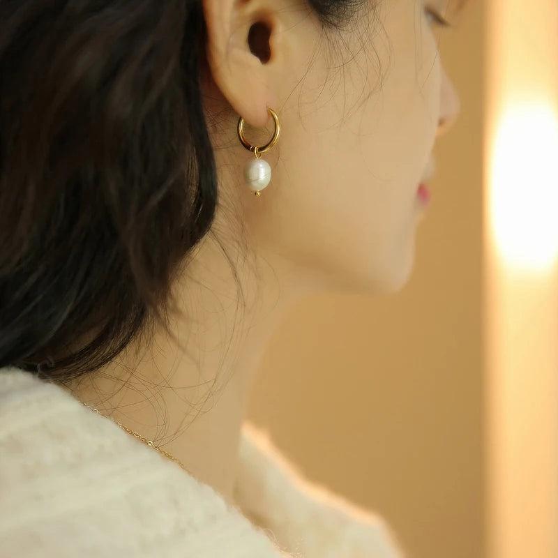 French Baroque Freshwater Pearls Huggie Hoop Earrings Stainless Steel