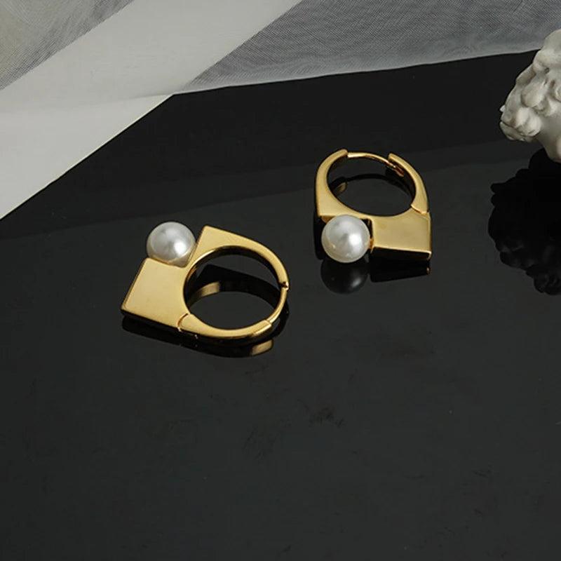 French Stylish Lock Pearl Charms Hoop Earrings for Women