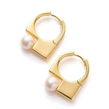French Stylish Lock Pearl Charms Hoop Earrings for Women