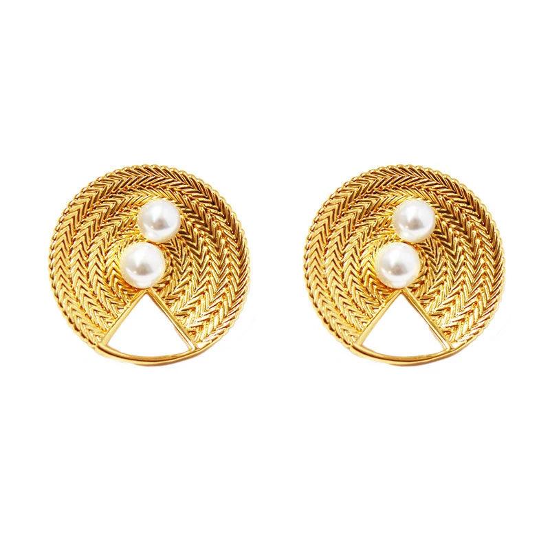 Vintage Braided Stud Earrings Retro Big Post Metal Pearls Minimalist