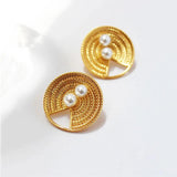 Vintage Braided Stud Earrings Retro Big Post Metal Pearls Minimalist