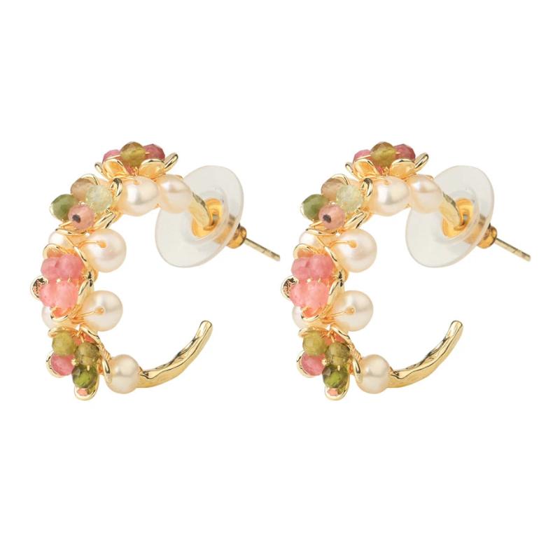 CSJA Natural Stone Hoop Earrings for Women Pearl Earring Wire Wrap Flower