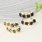CSJA Natural Stone Hoop Earrings for Women Pearl Earring Wire Wrap Flower