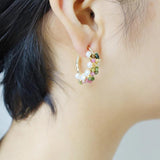 CSJA Natural Stone Hoop Earrings for Women Pearl Earring Wire Wrap Flower