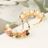 CSJA Natural Stone Hoop Earrings for Women Pearl Earring Wire Wrap Flower