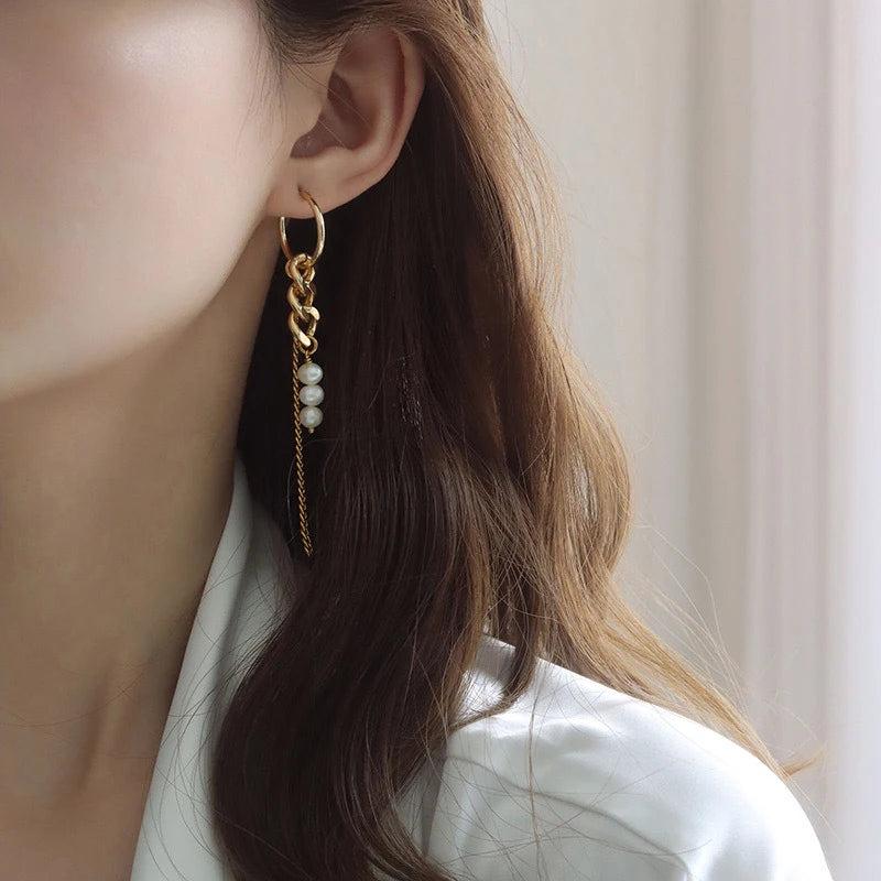 Asymmetrical Chains Link Hoop Earrings with Pearls Tassel, Long Drop Hoops Ear