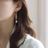 Asymmetrical Chains Link Hoop Earrings with Pearls Tassel, Long Drop Hoops Ear