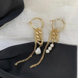 Asymmetrical Chains Link Hoop Earrings with Pearls Tassel, Long Drop Hoops Ear