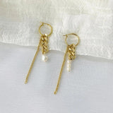 Asymmetrical Chains Link Hoop Earrings with Pearls Tassel, Long Drop Hoops Ear
