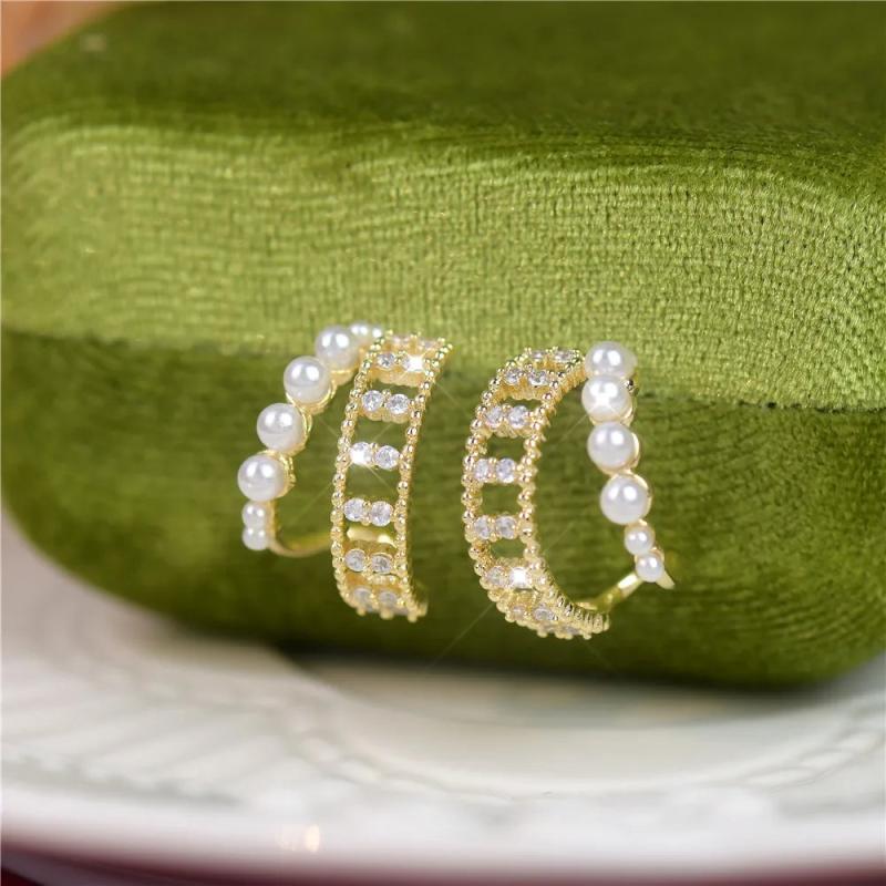 French Double Ring Pearl Earrings Women'S Earrings Jewelry