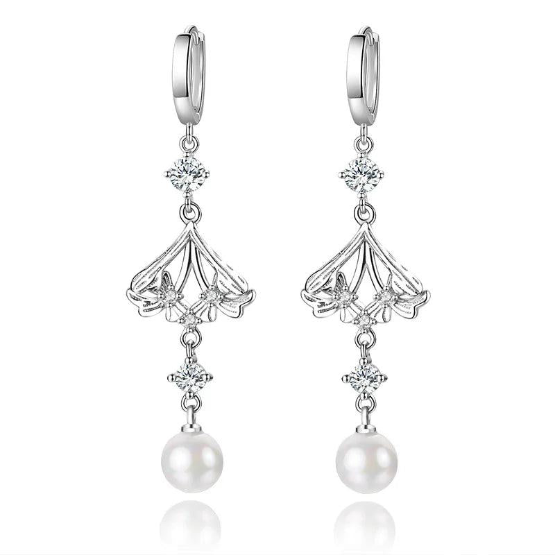 Zircon Flower Earrings 925 Silver Pearl Tassel Lady Party Accessories