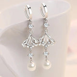 Zircon Flower Earrings 925 Silver Pearl Tassel Lady Party Accessories
