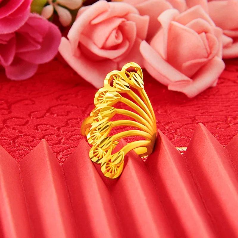 14K Hollow Pteris Rings Women Birthday Wedding Engagement Pure Fine Jewelry