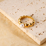 Large Bead Pearl Ring Titanium Steel Electroplated 18 K Women Jewelry