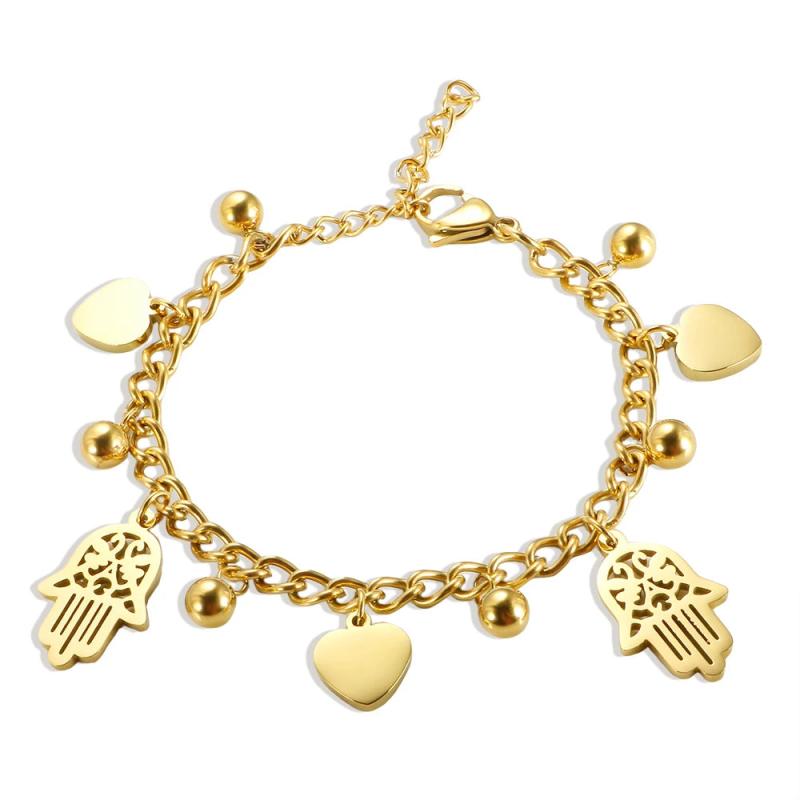 Stainless Steel Palm Heart Bracelet Cuban Link Chain Round Ball Bracelets