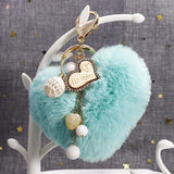 Heart Pompom Keychain Charms Pearl Tassel Fluffy Faux Rabbit Fur Key Chains