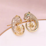 Copper Plated 18k Leopard Head Zircon Pearl Earrings S925 Silver Needle