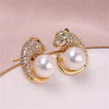 Copper Plated 18k Leopard Head Zircon Pearl Earrings S925 Silver Needle