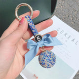 Crystal Ball Keychain Leather Strap Bowknot Car Key Chain Bag Charm Pendant