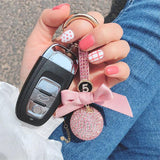 Crystal Ball Keychain Leather Strap Bowknot Car Key Chain Bag Charm Pendant
