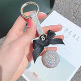 Crystal Ball Keychain Leather Strap Bowknot Car Key Chain Bag Charm Pendant