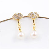 Gold Plated Ginkgo Leaf Earrings with Zircon Pearl