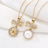 14k Plated Bow Zircon Pearl Pendant Necklace DIY Accessories
