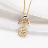 14k Plated Bow Zircon Pearl Pendant Necklace DIY Accessories