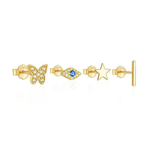 925 Sterling Silver Evil Eye Star Butterfly Piercing Stud Earring Set