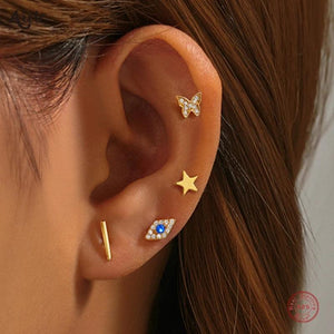 925 Sterling Silver Evil Eye Star Butterfly Piercing Stud Earring Set