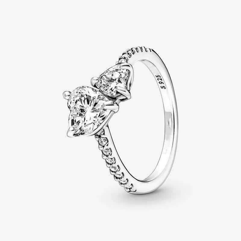 Double Heart Sparkling Ring 925 Sterling Silver Jewelry For Woman
