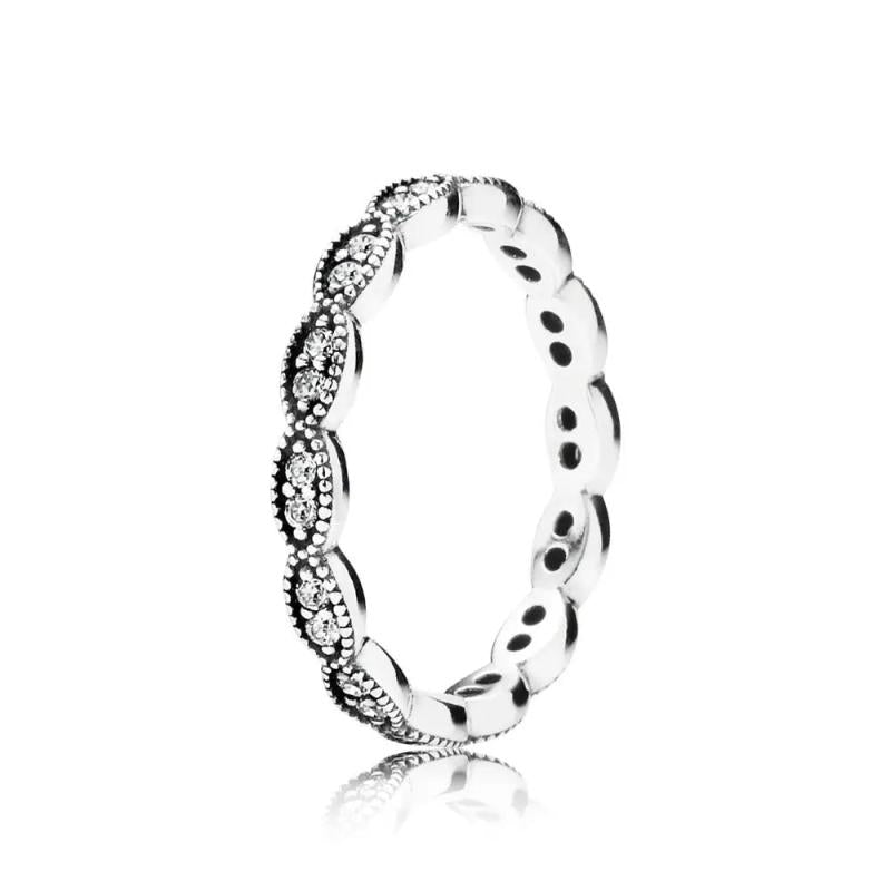 925 Silver Pan Ring Rose Fairytale Crystal Women Wedding Jewelry