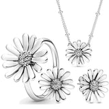 925 Silver Pave Daisy Flower Necklace Earring Ring Crystal Set