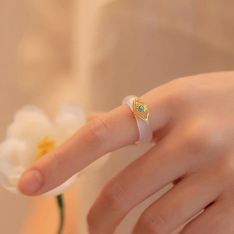 Chalcedony Hotan Jade Ring Plated with Turquoise for Women Girls