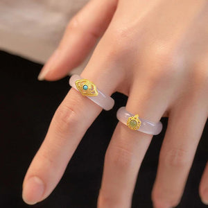 Chalcedony Hotan Jade Ring Plated with Turquoise for Women Girls