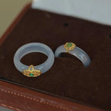 Chalcedony Hotan Jade Ring Plated with Turquoise for Women Girls