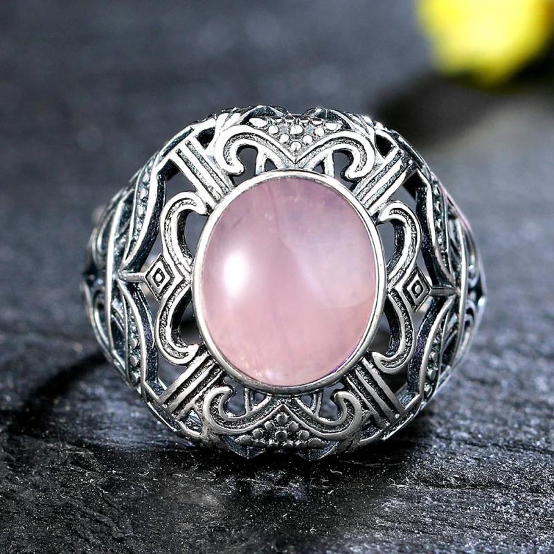 Vintage Oval Rose Quartz Ring 925 Silver Women's Sun Shaped Jewelry