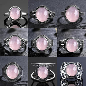 Vintage Oval Rose Quartz Ring 925 Silver Women's Sun Shaped Jewelry