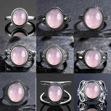 Vintage Oval Rose Quartz Ring 925 Silver Women's Sun Shaped Jewelry