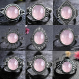 Vintage Oval Rose Quartz Ring 925 Silver Women's Sun Shaped Jewelry