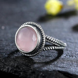 Vintage Oval Rose Quartz Ring 925 Silver Women's Sun Shaped Jewelry